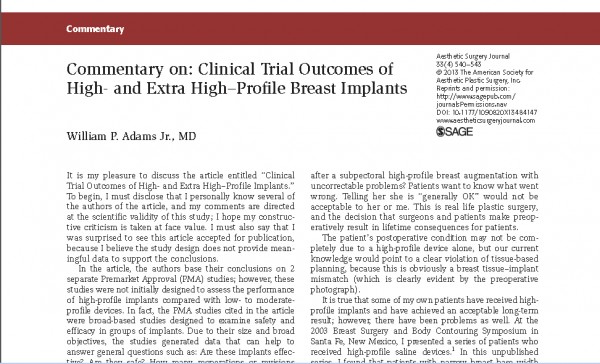 Dr. Adams' high profile implants article in the Aesthetic Surgery Journal